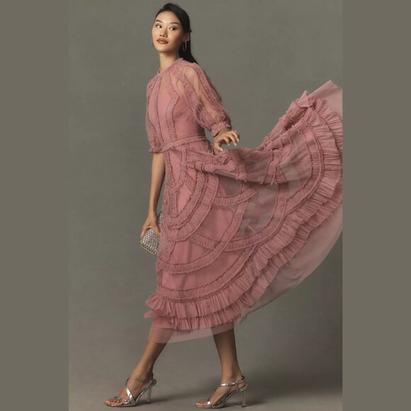 Anthropologie Mac Duggal 8058 Pink High Neck Micro Ruffle Tiered Midi Dress - Picture 3 of 7